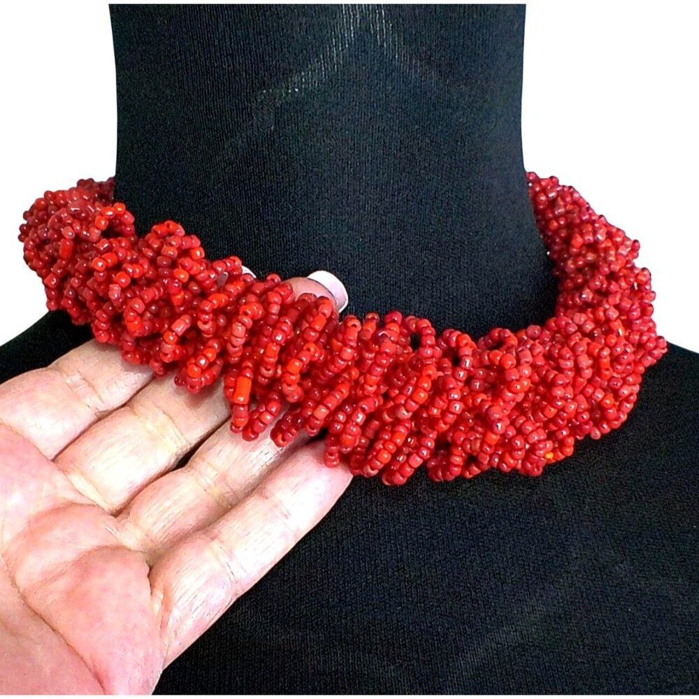 Vintage Red Glass Beaded Choker Necklace Handmade